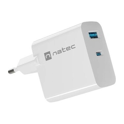 NATEC Зарядно устройство, Natec USB Charger Ribera Gan 1X USB-A 1X USB-C 45W, White (NUC-2142)