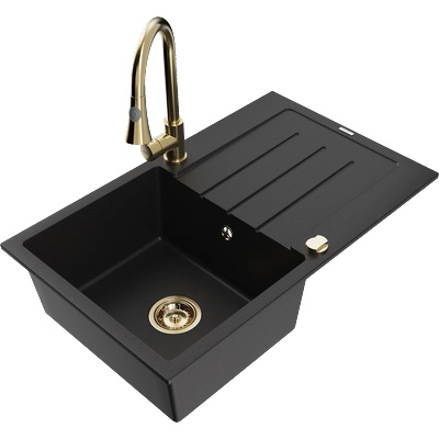 Mexen Bruno гранитна мивка с 1 отделение и единичен отцедник с кухненски смесител Elia, черен - 6513-77-670101-50 (6513-77-670101-50)
