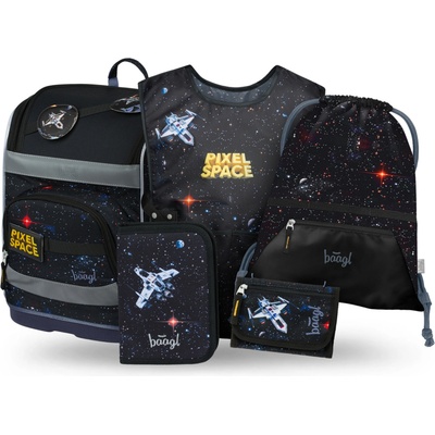 Baagl КОМПЛЕКТ 5 Zippy Plus Pixel Space: портфейл, пенал, торба, престилка, портфейл BAAGL | Cheren | Момчешки | UNI