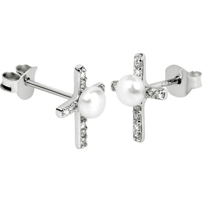 JwL Luxury Pearls náušnice Křížek s pravou perlou a zirkony JL0368