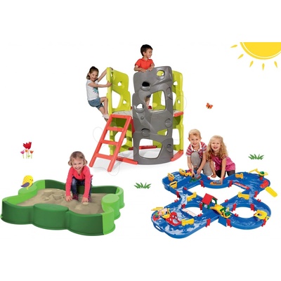 Smoby set preliezačka Multi-Activity Tower na šplhanie so šmykľavkou a pieskovisko Vario s plachtou a vodná dráha AquaPlay 840201-15