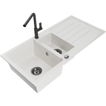 Mexen Andres гранитна мивка 1, 5-камера с отцедник и кухненски смесител Flora, бял - 6515-20-670401-70-B (6515-20-670401-70-B)