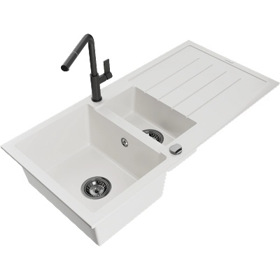 Mexen Andres гранитна мивка 1, 5-камера с отцедник и кухненски смесител Flora, бял - 6515-20-670401-70-B (6515-20-670401-70-B)