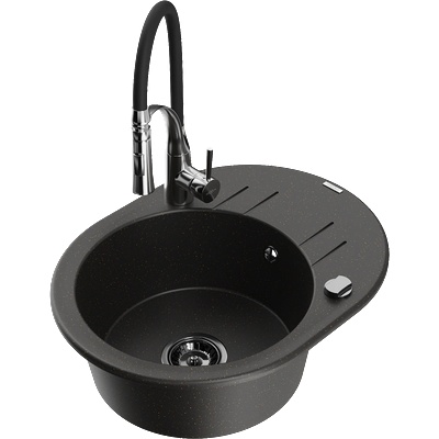 Mexen Kevin гранитна мивка с 1 корито с отцедник и кухненска батерия Aster, черно/златно металик - 6517-75-73450-07-B (6517-75-73450-07-B)