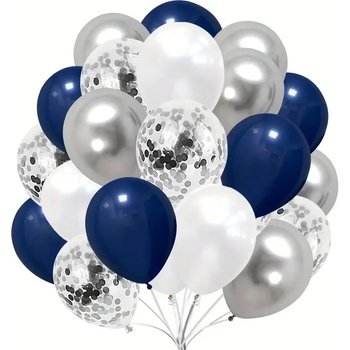 Комплект 30 броя балони 25 см. в тъмно синьо, сребристо, бяло и с конфети