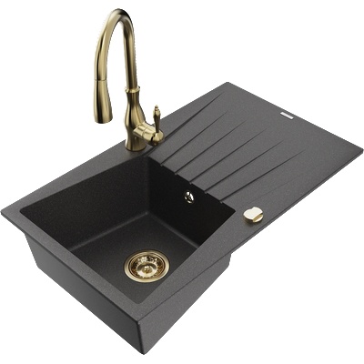 Mexen Cesar гранитна мивка с 1 отделение и отцедник и кухненски смесител Savita, черна с петънца - 6514-76-672601-50 (6514-76-672601-50)