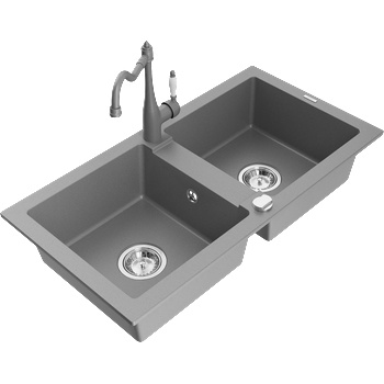 Mexen Mario гранитна кухненска мивка с 2 отделения и кухненски смесител Carla, сив - 6504-71-670700-71 (6504-71-670700-71)