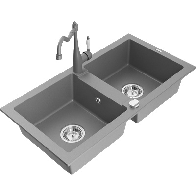Mexen Mario гранитна кухненска мивка с 2 отделения и кухненски смесител Carla, сив - 6504-71-670700-71 (6504-71-670700-71)