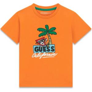 GUESS Оранжева тениска за мини момче с цветна палма и надпис Guess