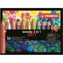 STABILO Barevná pastelka Woody 3v1 pastelka vodovka voskovka Pouzdro 10ks + ořezávátko