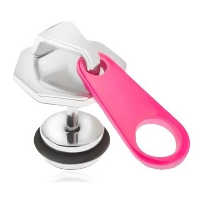 Šperky eshop falešný plug do ucha z oceli zip s růžovým jazýčkem S59.01