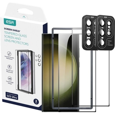 ESR Screen Shield Tempered Glass Protection Set - комплект 2 броя стъклено защитно покритие за дисплея и 2 броя предпазни стъклени лещи за камерата на Samsung Galaxy S23 Ultra (черен-прозрачен)