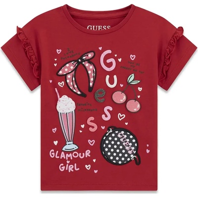 GUESS Червена тениска за мини момиче с много детайли и цветни картинки Guess
