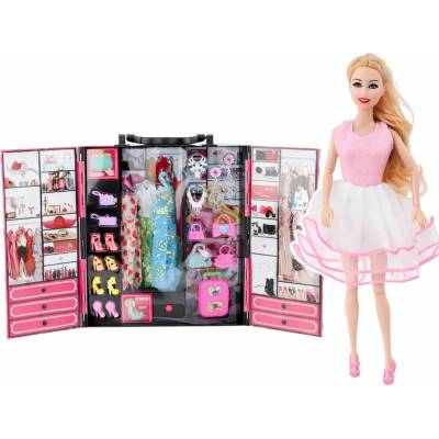 LEAN Toys 28843 Šatník pre bábiky s bábikou a príslušenstvom, ružový