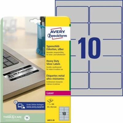 Etikety polyesterové 96x50,8mm Avery A4 strieborné 20 hárkov