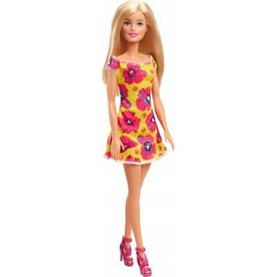 Barbie blondínka v žlto-ružových kvetovaných šatách