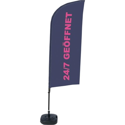 Jansen Display Kompletní sada reklamní vlajky ve tvaru křídla, Otevřeno 24/7, německy, 1105 x 3300 mm