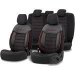  Комплект Луксозна Тапицерия OTOM текстил с еко кожа COMFORT LINE Design - Черна с червен шев, за Предни и Задни Седалки