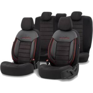  Комплект Луксозна Тапицерия OTOM текстил с еко кожа COMFORT LINE Design - Черна с червен шев, за Предни и Задни Седалки