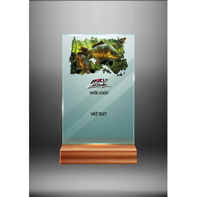 Skleněná trofej na dřevěném podstavci Rybolov Výška: 17 cm