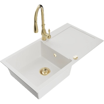 Mexen Leo гранитна мивка 1-камерна с отцедник и кухненски смесител Savita, бял - 6501-20-672601-50 (6501-20-672601-50)