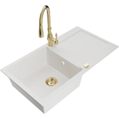 Mexen Leo гранитна мивка 1-камерна с отцедник и кухненски смесител Savita, бял - 6501-20-672601-50 (6501-20-672601-50)