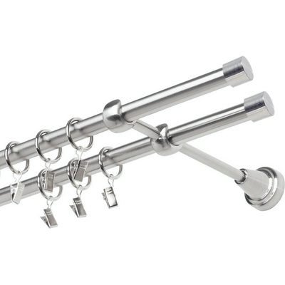 OK-GarnýžeCZ Garnýž kovová dvouřadá 19mm Pullo double nerez 150 cm do stěny / kroužky s žabkou