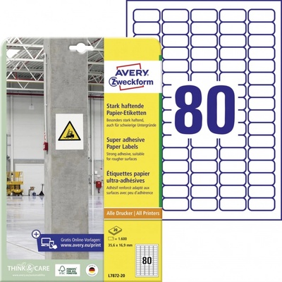Avery Zweckform L7872-20 Super lepivé etikety 35,6x16,9mm 1600ks bílá
