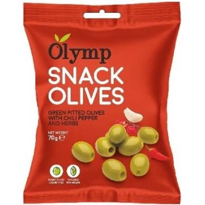 OLYMP Olivový snack zelené olivy chilli bylinky konzervované a sterilizované potraviny 70 g