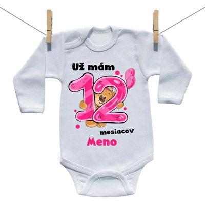 Boodyy Body s dlhým rukávom Už mám 12 mesiacov s Medvedíkom a menom dieťatka Dievča