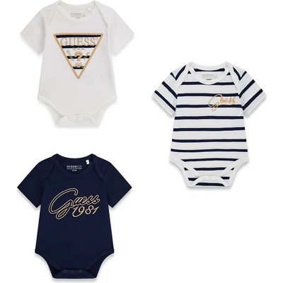 Guess Три къси бодита за новородено бебе в тъмно синьо и бяло със златисри надписи Guess