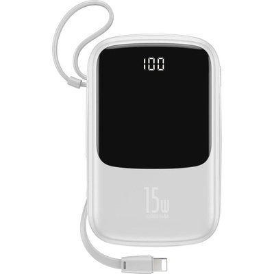Baseus Qpow Digital Display Power bank with Lightning cable 15W 10000mAh (PPQD-B02) - външна батерия 10000 mAh с вграден Lightning кабел и USB-C, USB-A и Lightning портове (бял)