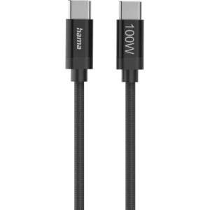 Hama Кабел за зареждане, "Fabric", USB-C - USB-C, 100 W, 1.5 m, Nylon, black (HAMA-201740) - megamag