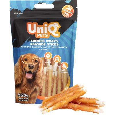 Uniq Pets Dog Snacks Woofers Chicken Wraps Rawhide Sticks дъвчащи стикове за кучета с пилешко, 250 г