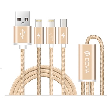 DEVIA Универсален кабел с 2xLightning и MicroUSB конектори - Devia Premium 3 in 1 Cable (златист)