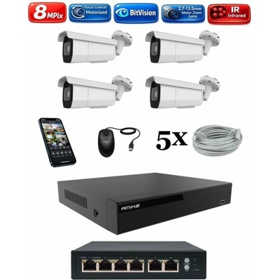 Amiko IP 4 kamerový set so switchom Varifokal 4K Ultra HD 8Mpix Tube 1805K4V2