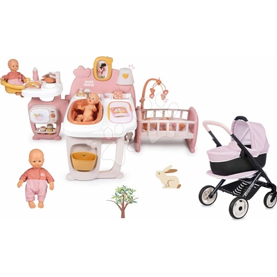 Smoby Set domček pre bábiku trojkrídlový a kočík trojkombinácia Large Doll´s Play Center Soft Baby Nurse hlboký športový a prenosná postieľka a 32 cm bábika