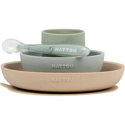 Nattou Силиконов комплект за хранене Nattou - 4 части, Green/Multi (876827)