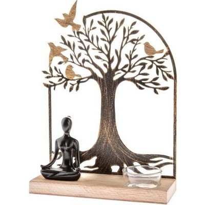 Kovový svícen na čajovou svíčku s dřevěným podstavcem Buddha, 17 x 23,5 x 6 cm