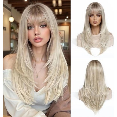 Esmee Dlouhé rovné blond paruky pro ženy s ofinou, přírodní syntetické vlasy, ombré paruka pro