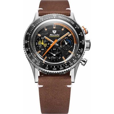 Nivada Grenchen Chronoking Meca Racing Carbon - Inter. Bezel - Brown Leather White Stitching