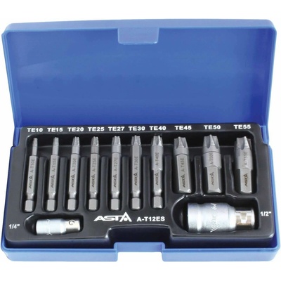 ASTA A-T12ES, Sada bitů pro vytahování poškozených TORX šroubů | CrV ocel, adaptéry 1/4" a 1/2"--- – Zboží Dáma