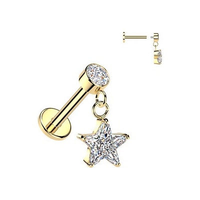 Šperky4U Zlacený piercing do ucha labreta se zavěšenou hvězdičkou LB1152-GD