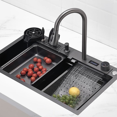 iSink Shark 1 - Мултифункционална кухненска мивка от неръждаема стомана с водопад и издърпващ се чучур, миячка за чаши, диспенсер за течен сапун, държач за ножове, 2 бутона (7546SFSHARK1)