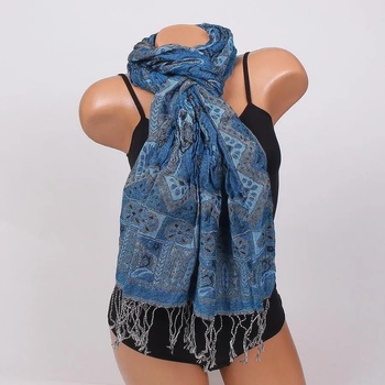 Image 1 of Дамски шал в петролено синьо с цветя и фигури