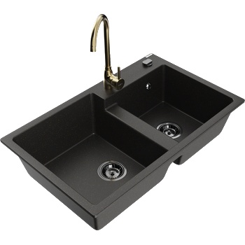 Mexen Tomas гранитна мивка с 2 камери и кухненски смесител Telma, черен/златен металик - 6516-75-670200-50-B (6516-75-670200-50-B)