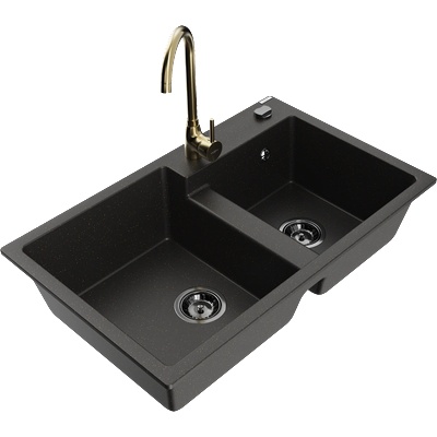 Mexen Tomas гранитна мивка с 2 камери и кухненски смесител Telma, черен/златен металик - 6516-75-670200-50-B (6516-75-670200-50-B)