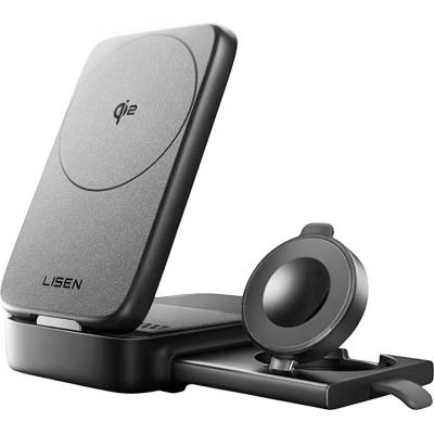 Lisen Безжично зарядно W106 (YL0424120009) 3в1 - Lisen - MagSafe, Qi2, сгъваема станция за iPhone/Apple Watch/AirPods, 15W - Сиво