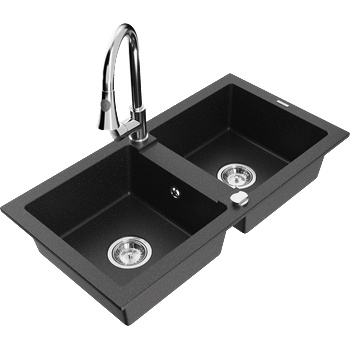 Mexen Mario двоен кухненски гранитен мивка с батерия Elia, черен/сребърен металик - 6504-73-670101-00 (6504-73-670101-00)
