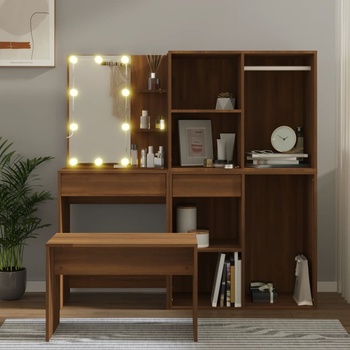 vidaXL Комплект тоалетка с LED, кафяв дъб, инженерно дърво (3114106)